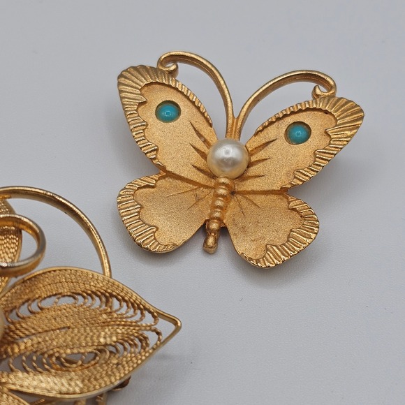 Vtg Set of 3 Vtg Gold Tone Brooches Filigree Flower Butterfly Bow Pins Elegant - Picture 5 of 16